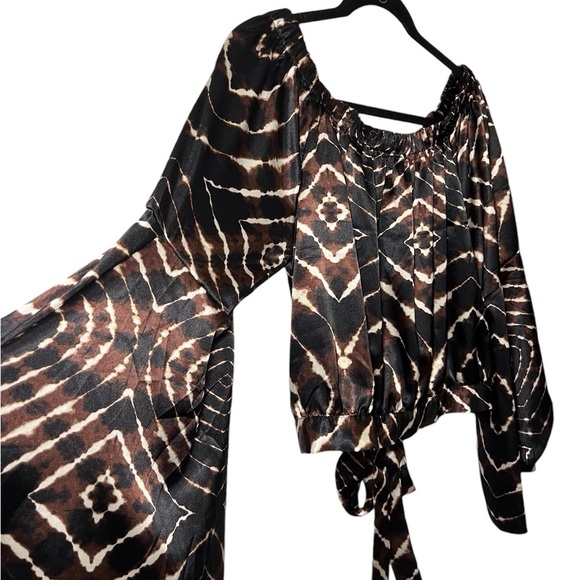 Y2K Boho Off Shoulder Stain Bell Sleeve Chocolate Brown Black Animal Print Large - Picture 5 of 11